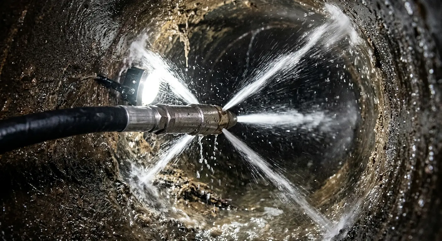 High-pressure hydro jetting nozzle cleaning sewer pipe for Emergency Drain Service in Fairhope