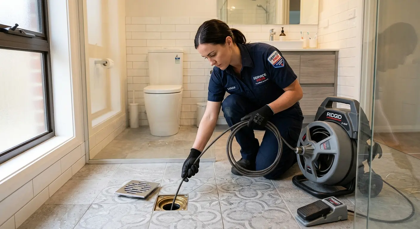 Technician clearing a bathroom floor drain for Hydro Jetting in Fairhope